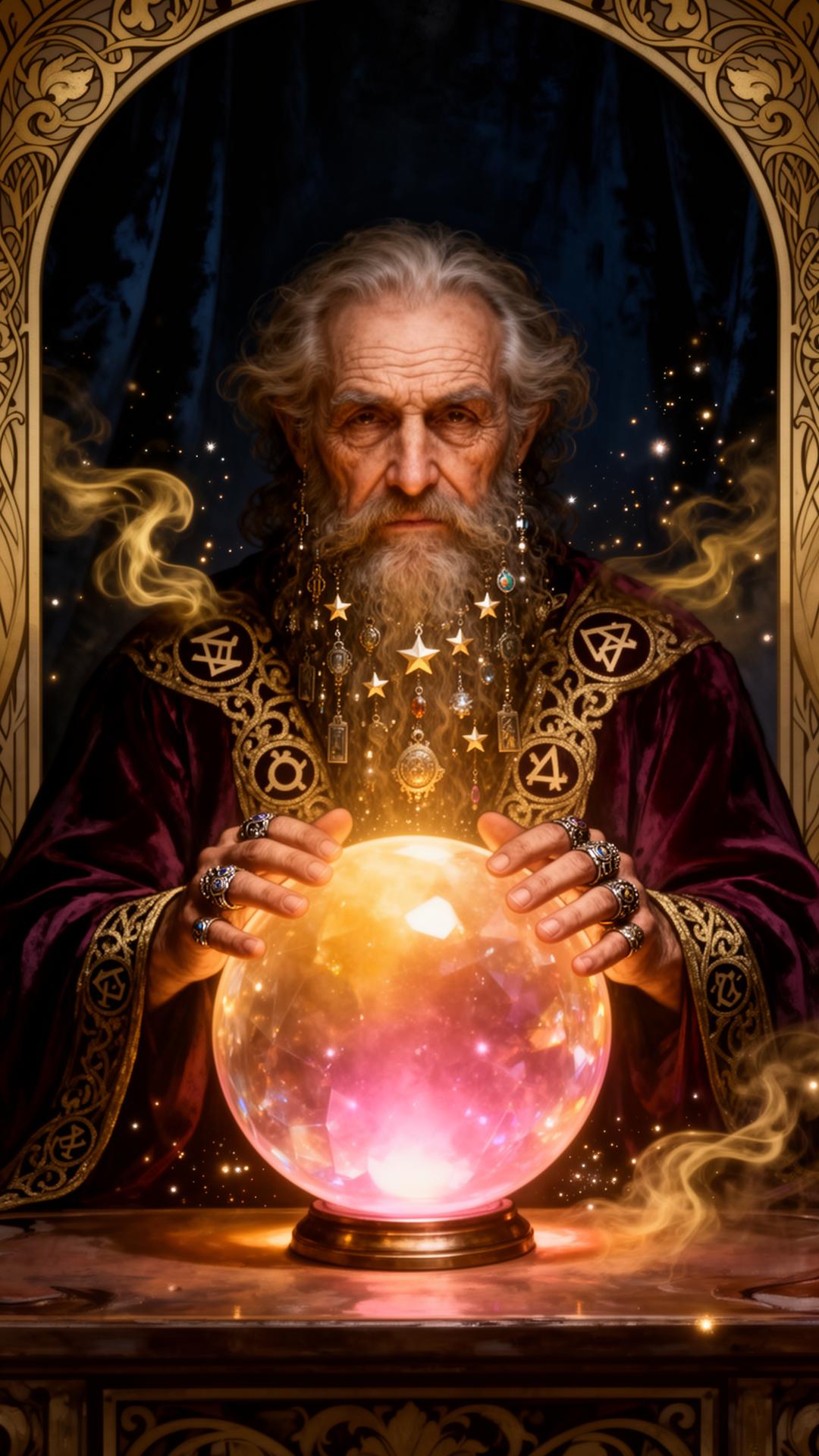 The Oracle gazes into a glowing crystal ball, his hands hovering above it amid swirls of golden smoke.